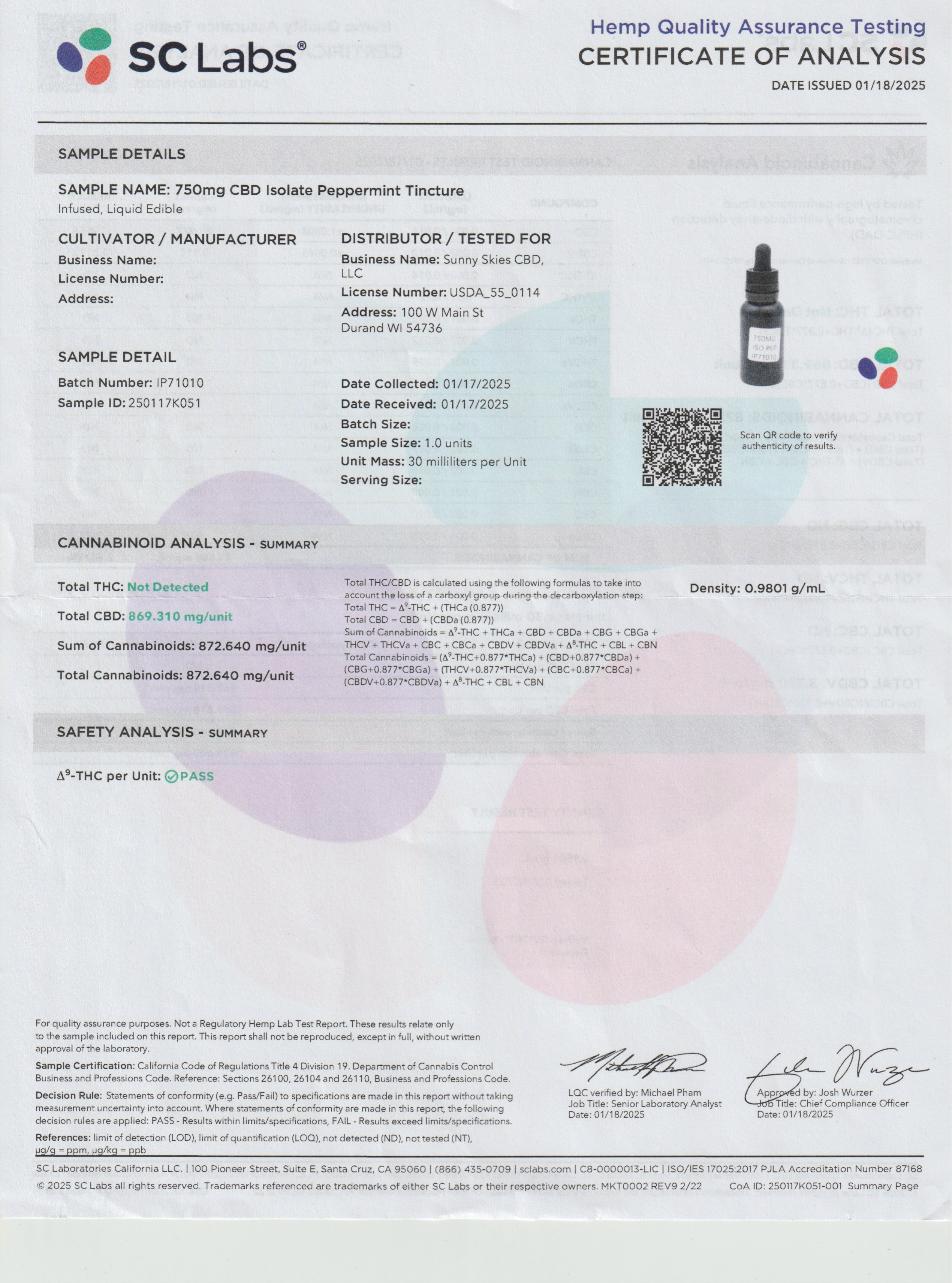 COA for Canamo Phase 1 CBD Isolate Tincture 750 mg by SC Labs